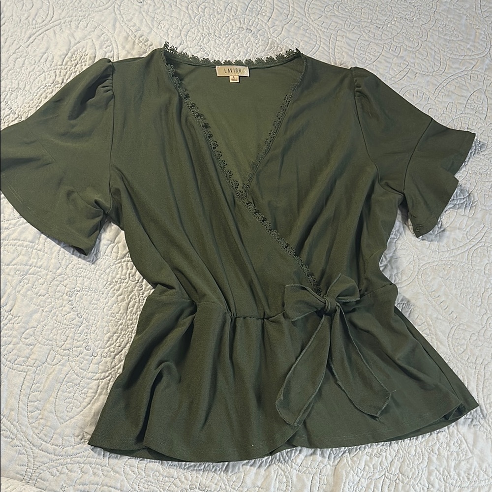 Lavish Green Flutter Sleeve Wrap Blouse